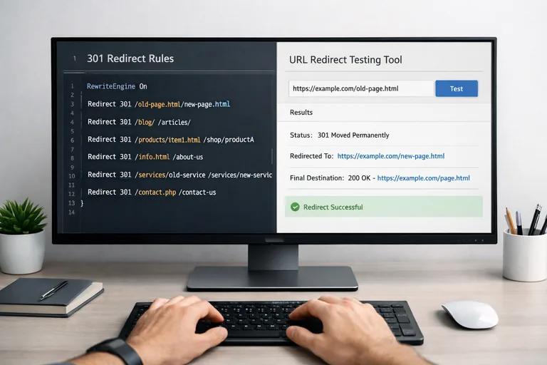 Yönlendirmeleri test edip zinciri kırmak Bir geliştirici ekranında 301 yönlendirme kuralları ve test sonuçları yan yana kontrol ediliyor