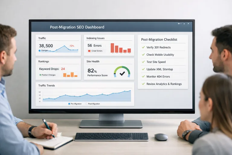Migrasyon sonrası izleme planını ekiple netleştirmek Bir toplantı odasında migrasyon kontrol listesi ve performans grafikleri ekranda paylaşılırken ekip plan yapıyor