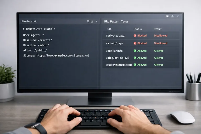 robots.txt kurallarını URL desenleriyle test etmek Bir geliştirici ekranında robots.txt dosyası ve test aracında URL desenlerinin engellenme sonuçları görülüyor