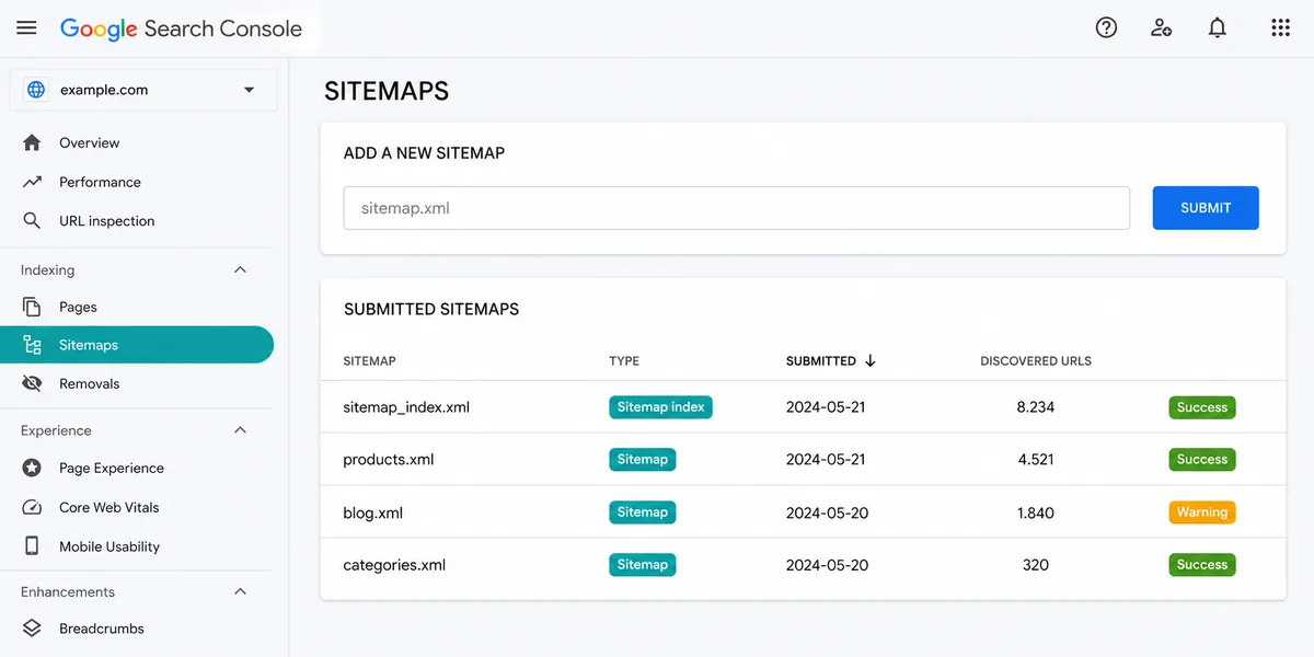 Search Console sitemap raporu ve keşfedilen URL tablosu Search Console sitemap raporu panelinde gönderilmiş sitemap dosyaları başarılı durum ve keşfedilen URL sayıları