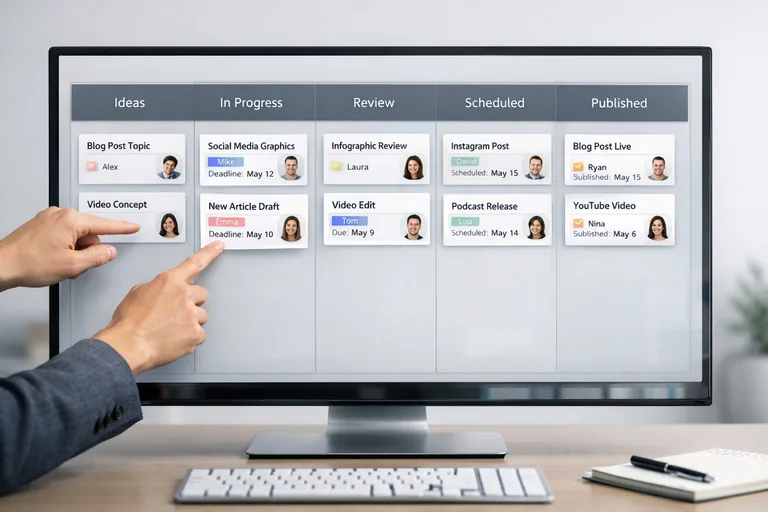 Bir görev panosunda fikirden yayına uzanan adımlar ve her kartın sorumlusu ile son tarihi