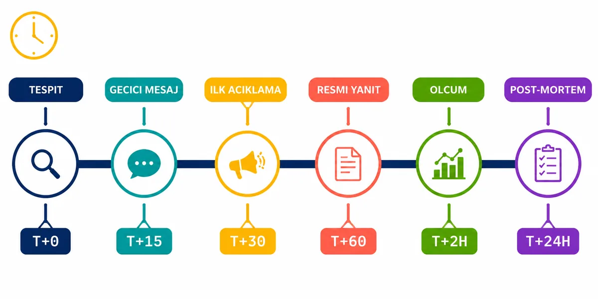 Kriz iletişim T+0 timeline milestone akışı Kriz iletişim zaman çizelgesi T+0 T+15 T+30 T+60 T+24 yatay timeline üzerinde renkli milestone daire ve aksiyon etiket pill