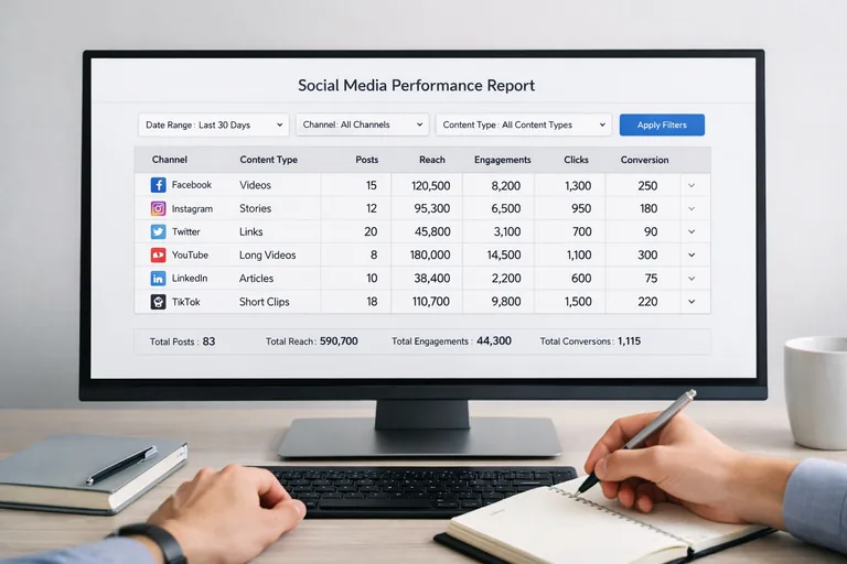 Kanal, kampanya ve içerik türüne göre filtrelenebilen bir rapor tablosu üzerinden trend analizi yapılmasını gösteren sahne