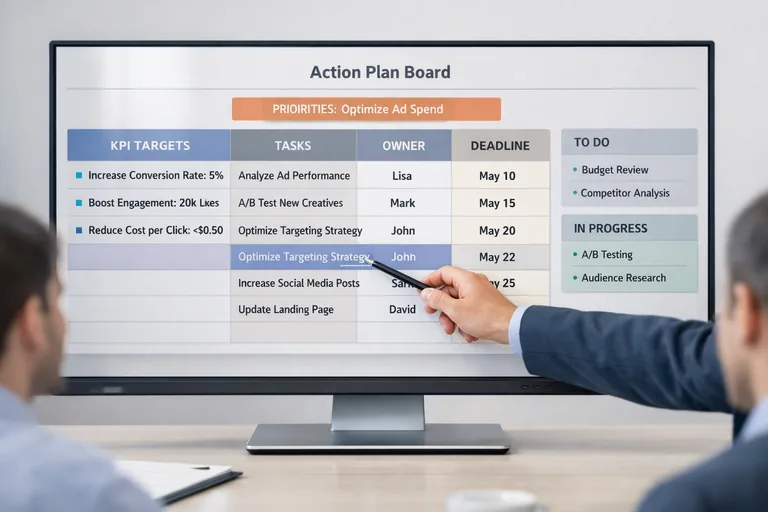 Aksiyon listesi, KPI hedefi ve sorumluların aynı sayfada yer aldığı bir planlama görünümü ile takip sürecini anlatan sahne