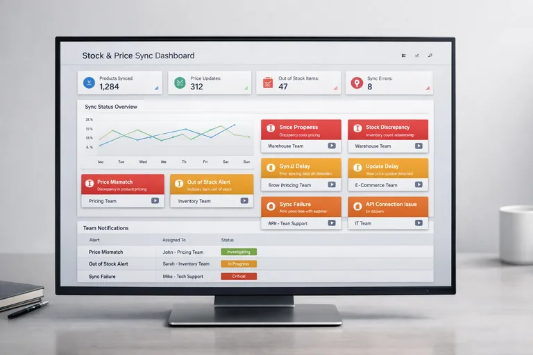 Ekranda stok ve fiyat senkron raporu, yanında hata uyarıları ve sorumlu ekip adlarını gösteren kontrol paneli