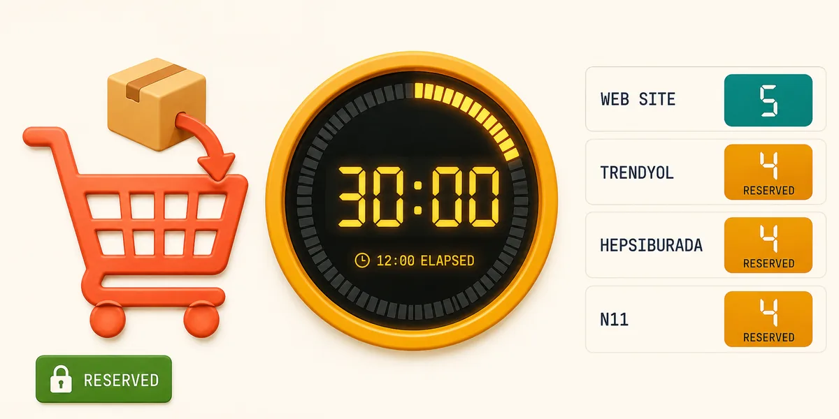 Stok rezerv 30 dakika sayaç ve kanal stok düşüm Stok rezerv mekanizması zaman akışı sepete ekleme 30 dakika sayaç ve dört kanal stok düşüm durumu yeşil kırmızı badge görünümünde