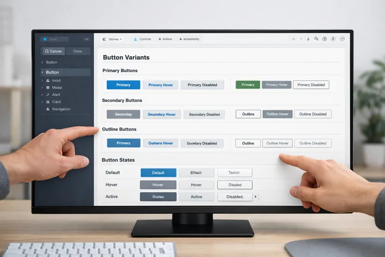 Storybook üzerinde buton varyantları, boyutlar ve durumların yan yana karşılaştırılması