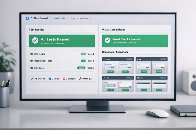 CI panelinde bileşen kütüphanesi için testler ve görsel karşılaştırma sonuçlarının listelenmesi