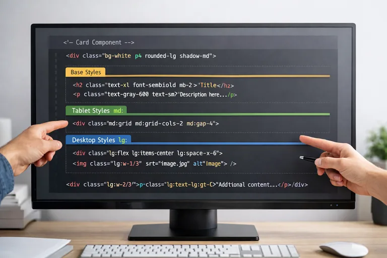 Kod incelemede okunabilir responsive sınıf düzeni Kod inceleme sırasında responsive sınıfların düzenli gruplandığı ve bileşen davranışının hızla anlaşıldığı bir ekran