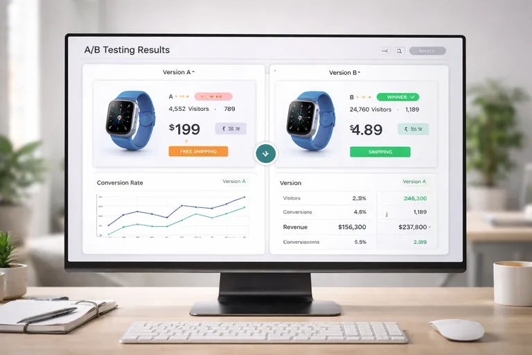 A/B test ile ürün kartı iyileştirmek Bir ekranda A/B test sonuç tablosu ve yanında ürün sayfası varyasyonlarının küçük önizlemeleri