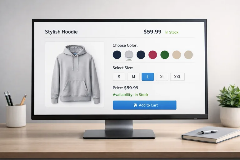 Ürün sayfasında renk swatch’ları ve beden seçici, seçilen varyantla stok durumu ve fiyat alanı güncelleniyor