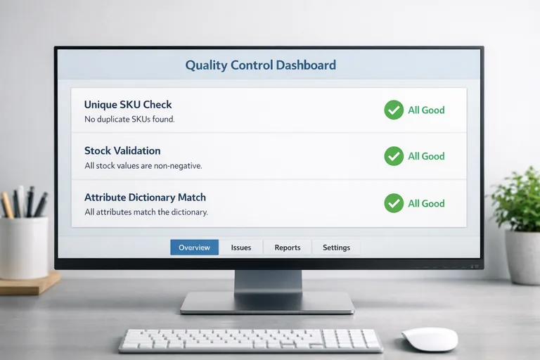 Kontrol listesi panelinde SKU benzersizliği, stok eksi kontrolü ve sözlük uyumu için yeşil onay işaretleri