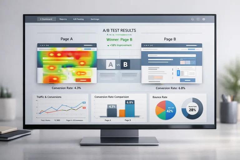 Ekran üzerinde ısı haritası ve A/B test sonuçlarıyla hiyerarşi kararlarının değerlendirildiği analiz görünümü