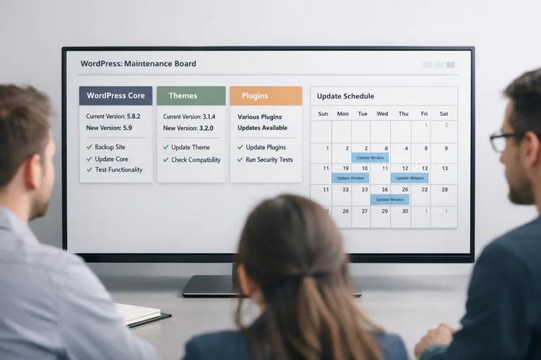 Sürümler ve test adımlarıyla bakım planı panosu Güncelleme planı hazırlanmış bir bakım panosunda çekirdek, tema ve eklenti sürümleri ile test adımları listeleniyor