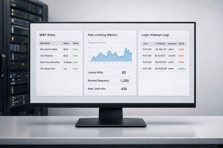 WAF kuralları ve logların izlendiği kontrol ekranı Sunucu tarafında WAF kuralları, hız sınırlama ve güvenlik loglarının birlikte izlendiği bir kontrol ekranı yer alıyor