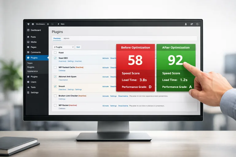 Gereksiz eklentileri kapatıp varlık yükünü azaltan kontrol paneli ve hız metriği karşılaştırması