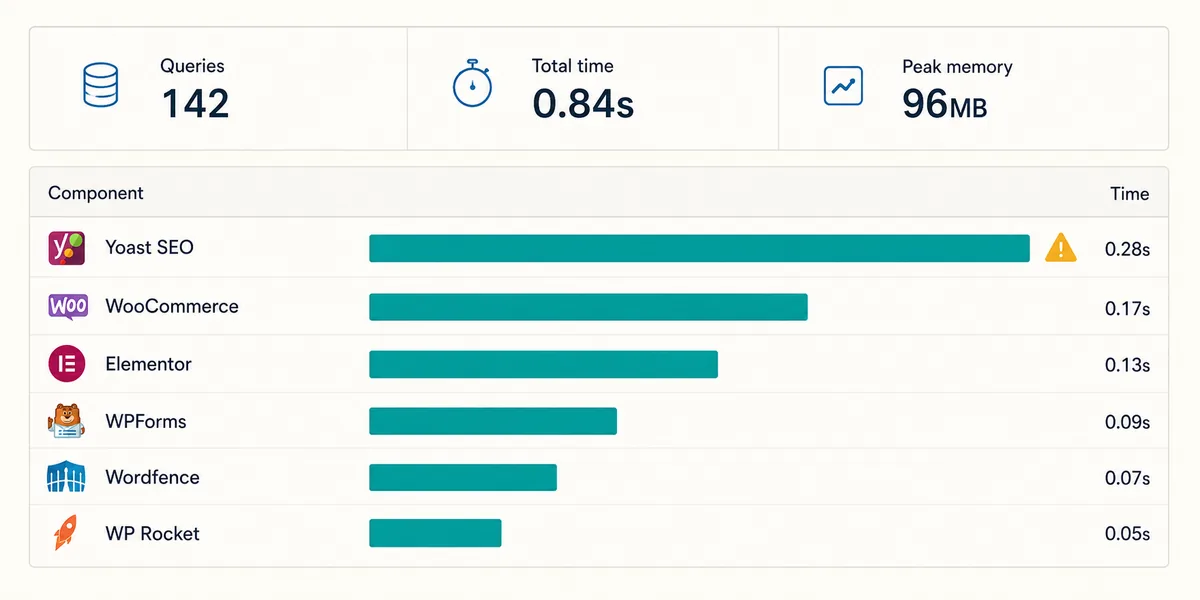 WordPress eklenti performans ölçüm paneli Query Monitor paneli WordPress eklenti başına sorgu sayısı ve süre çubuk grafiği performans izleme dashboard