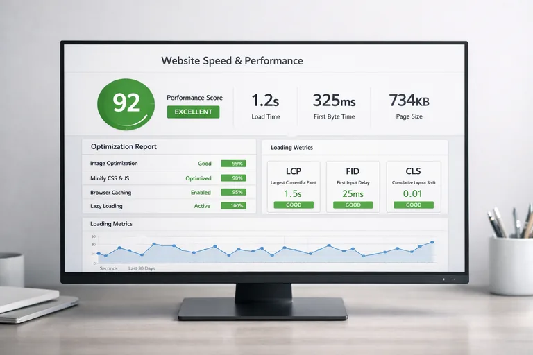 Bir web sitesinin hız analiz raporunu gösteren performans ölçüm ekranı ve optimize edilmiş sayfa yükleme sonuçları